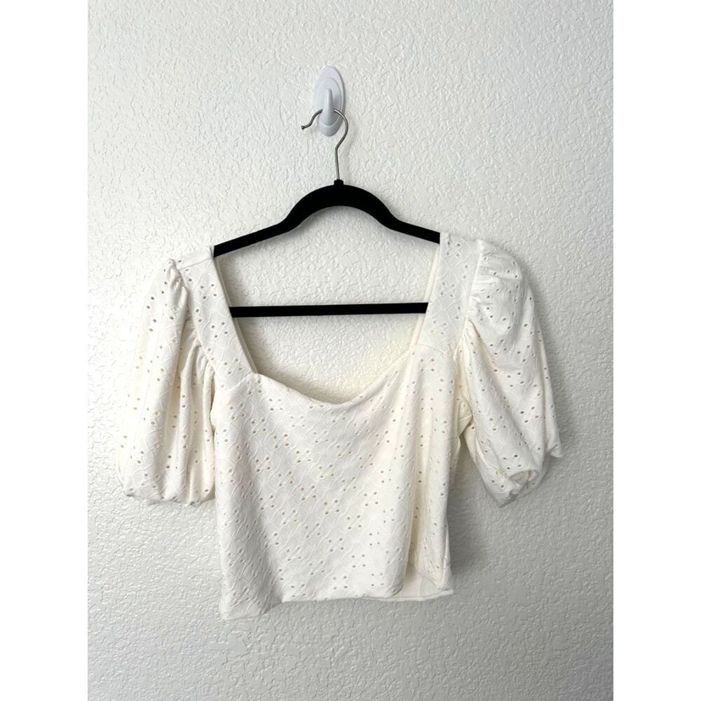 Z Supply Mae Knit Top White Eyelet Crop Puff Sleeve Size Medium